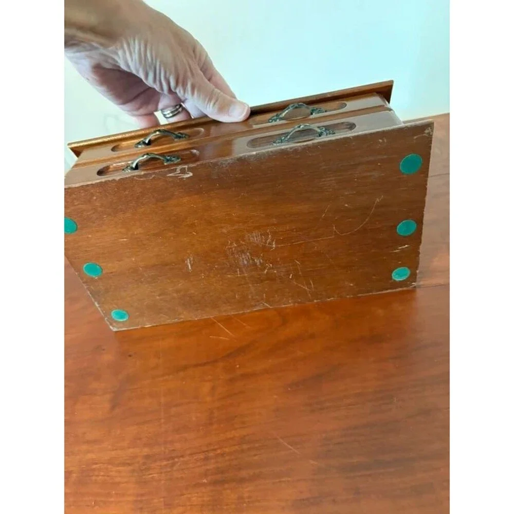 Vintage Wood Jewelry Box Double Etched Glass Rose Lids
